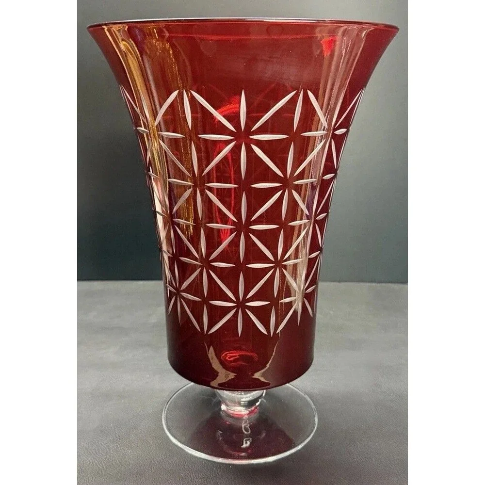 VNTG PartyLite Ruby Red Cut Glass L 13”Trumpet Vase Pedestal Geometric Cut Art